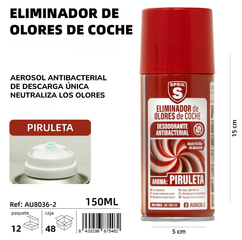ELIMINADOR DE OLORES DE COCHE PIRULETA 150 ML.