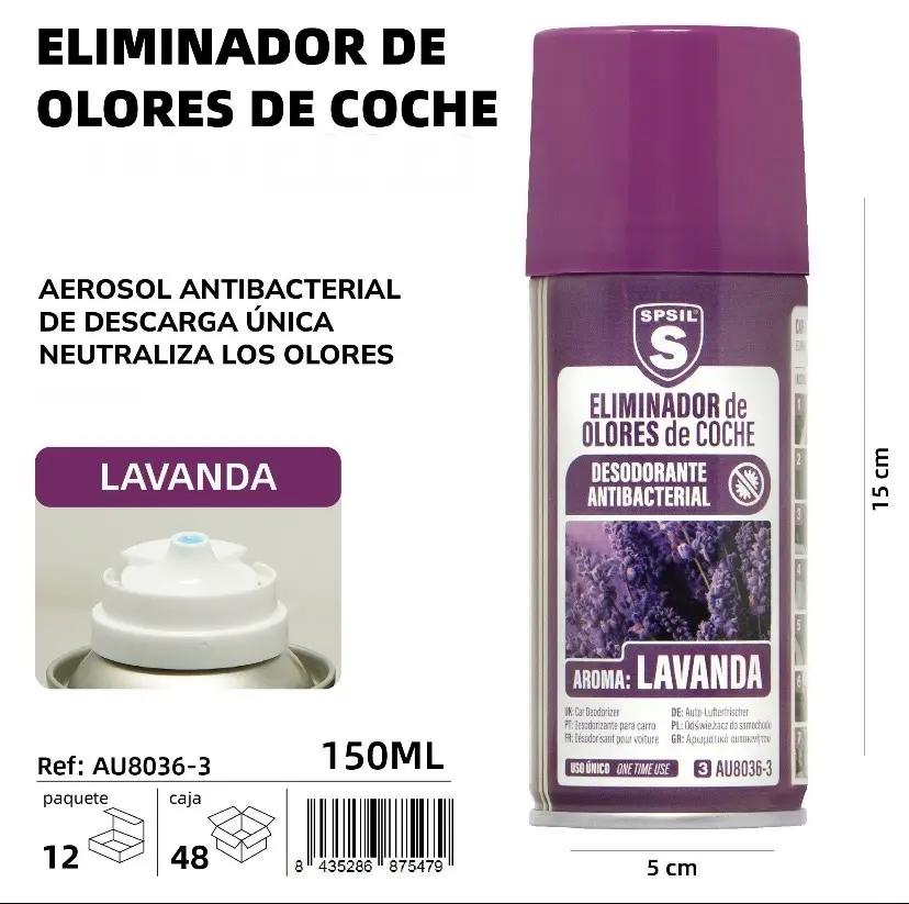 ELILMINADOR DE OLORES DE COCHE ( LAVANDA ) 150 ML.