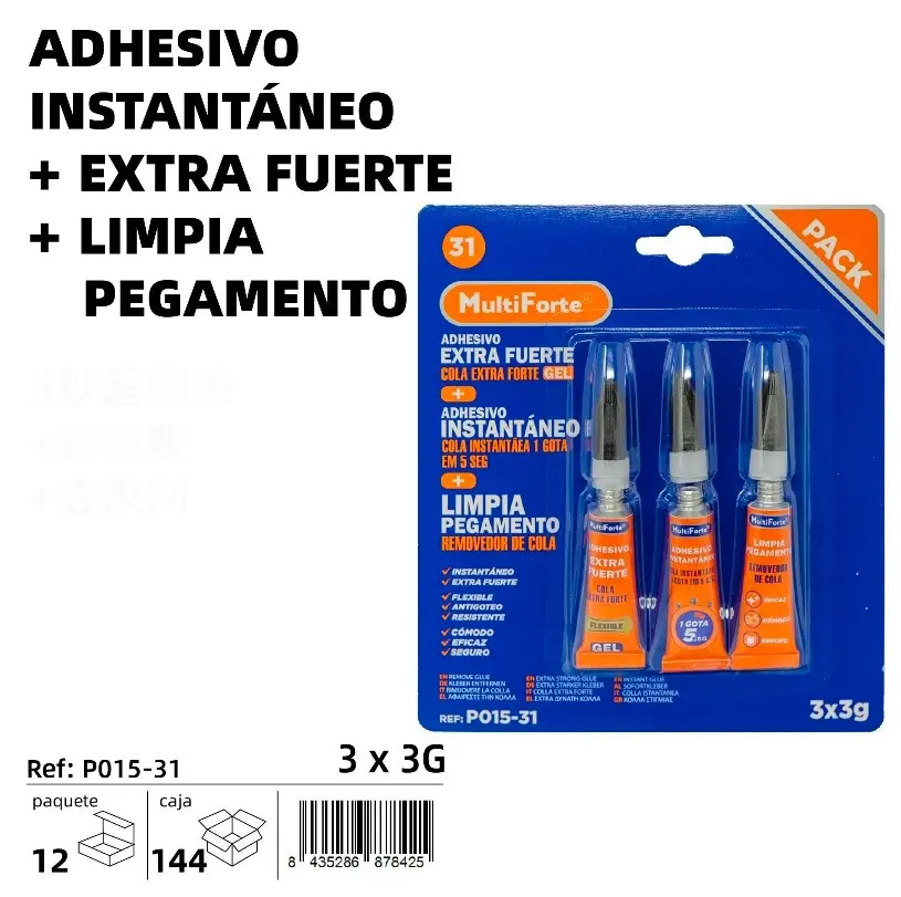 ADHESIVO INSTANTANEO / + EXTRA FUERTE / + LIMPIA PEGAMENTO 3 X 3 GRAMOS