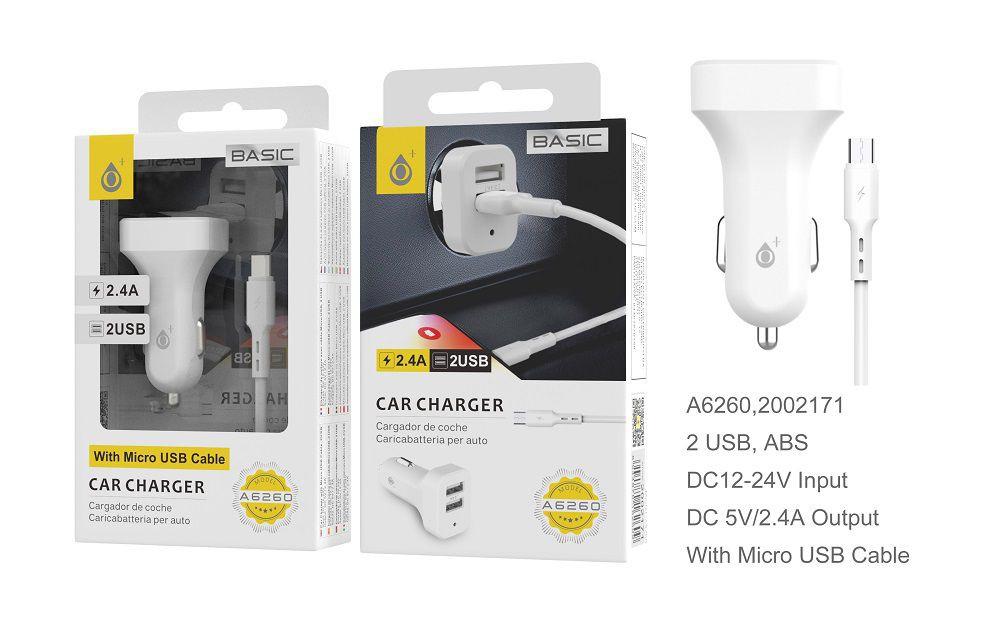 CARGADOR COCHE + CABLE MICRO USB / 2,4A / 2 USB