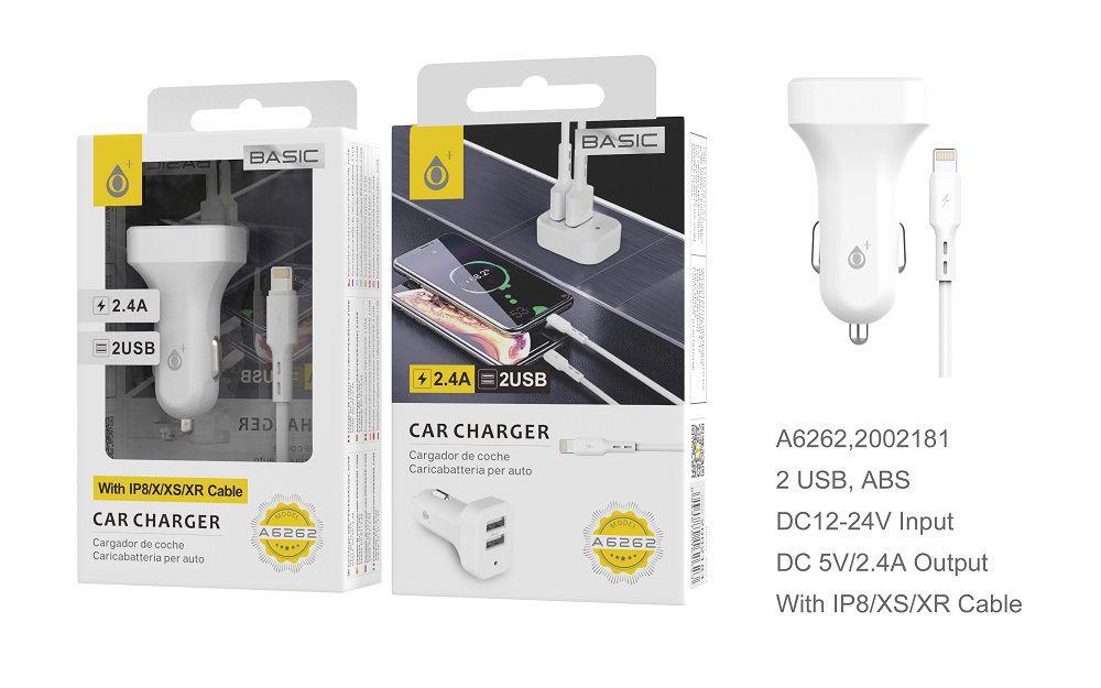 CARGADOR COCHE + CABLE IPHONE / 2,4A / 2 USB