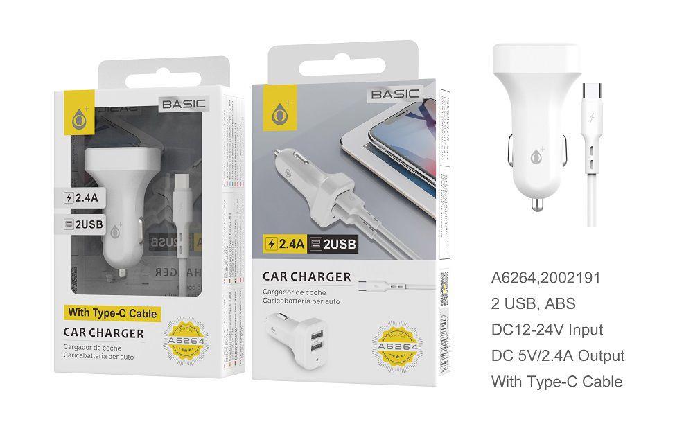 CARGADOR COCHE + CABLE TIPO-C / 2,4A / 2 USB